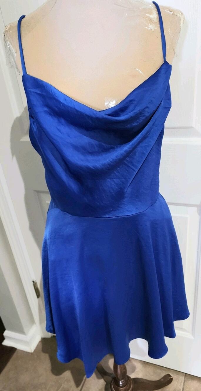 Do + Be Spaghetti Strap Blue Satin Draped Asymmetric Cocktail Party Dress sz. M